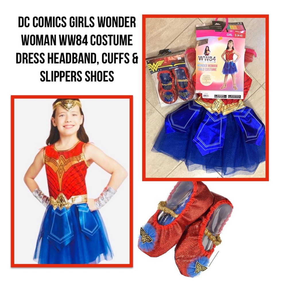 DC Comics Girls Wonder Woman WW84 Costume Dress Headband, Cuffs & Slippers Shoes